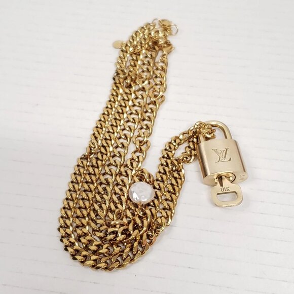 Auth Louis Vuitton Lock&Key Gold w/Unbranded Cuban Style Stainless Double Chain - Picture 7 of 14